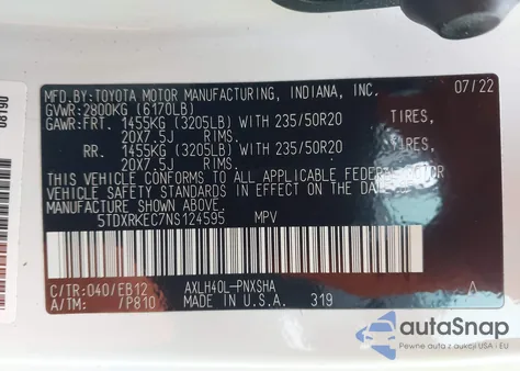 2022 Toyota Sienna Xse z USA, uszkodzony, nr VIN 5TDXRKEC7NS124595